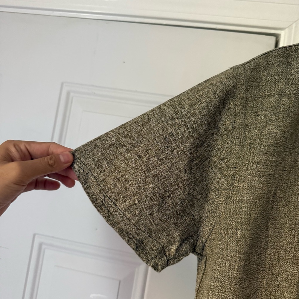 Flax tan beige linen v-neck boxy cropped oversized short sleeve‎ top shirt - Picture 2 of 5